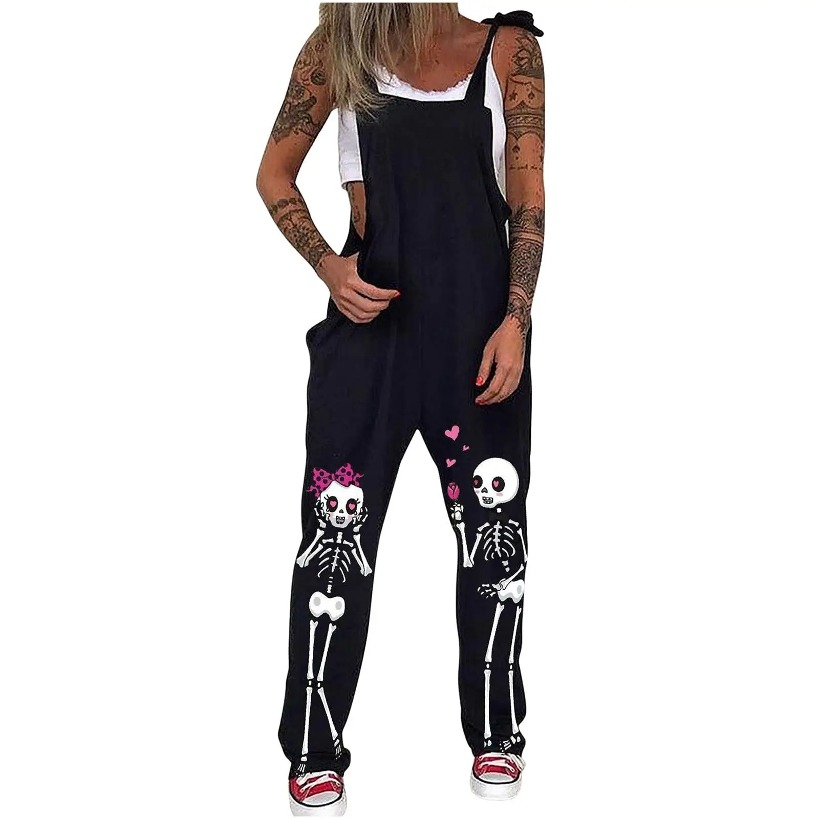 Black Printed Skull & Heart Trousers Set for Women