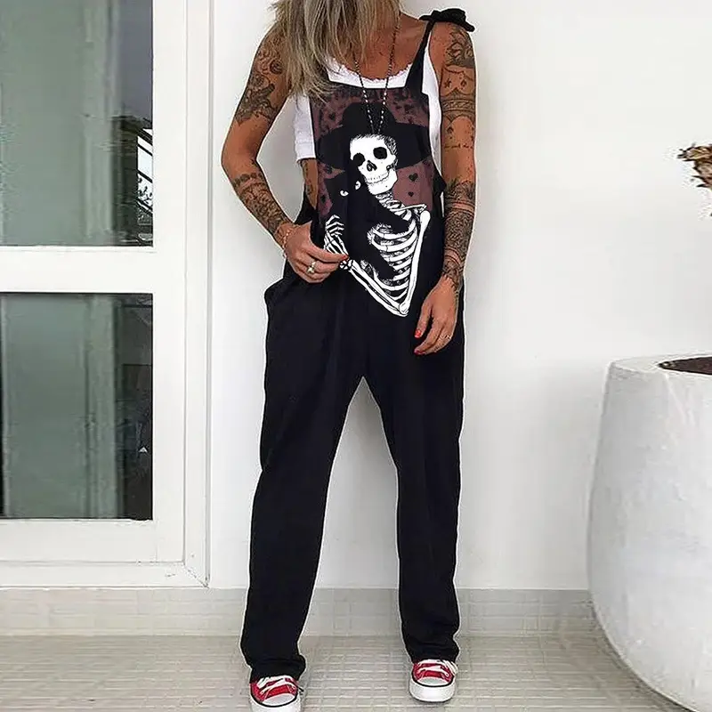 Black Printed Skull & Heart Trousers Set for Women