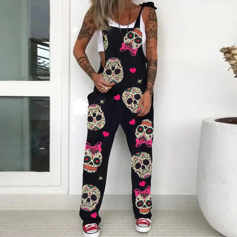 Black Printed Skull & Heart Trousers Set for Women