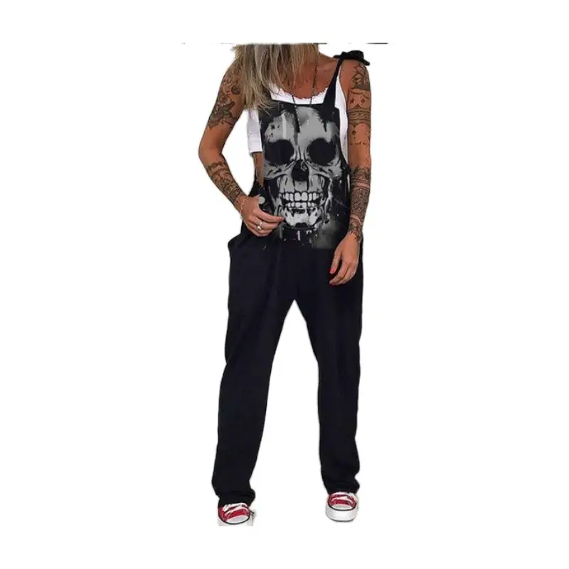 Black Printed Skull & Heart Trousers Set for Women