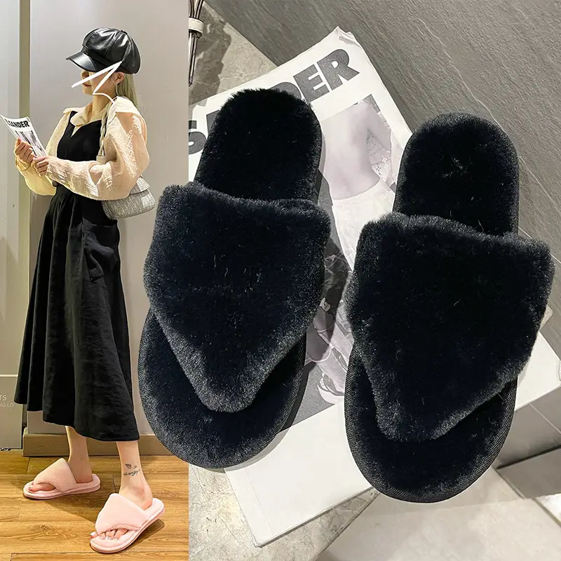 Cross-border clip-on Mao Mao cotton slippers women's 2023 autumn and winter New Home Fashion flat heel rabbit fur flip-flops for foreign trade