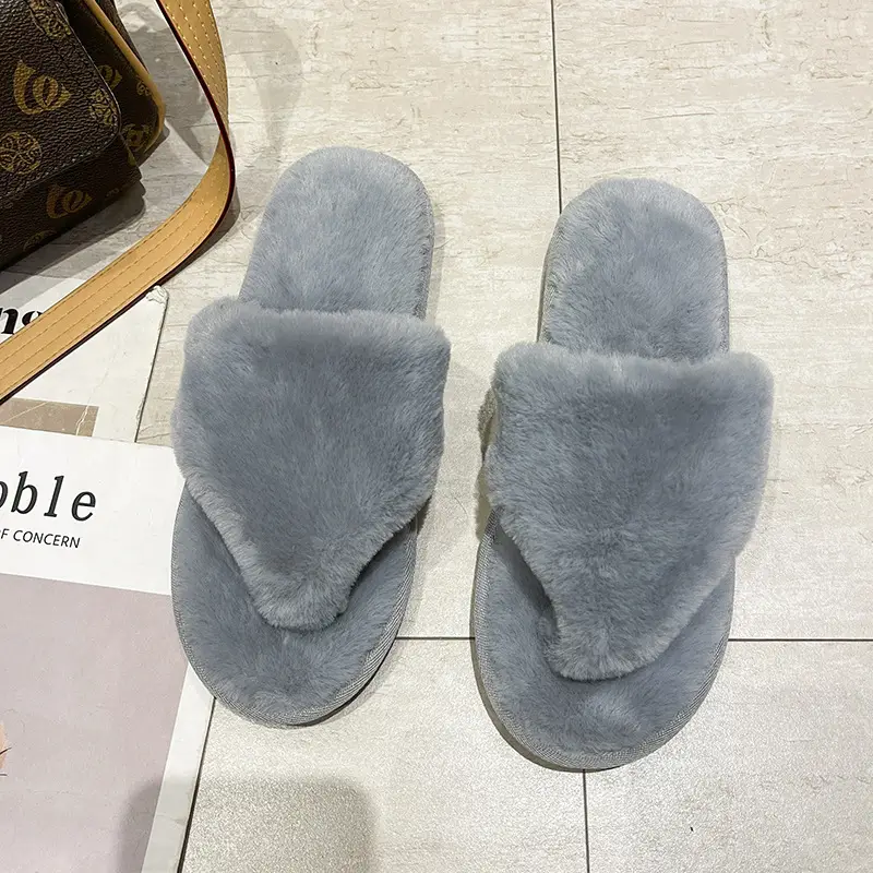 Cross-border clip-on Mao Mao cotton slippers women's 2023 autumn and winter New Home Fashion flat heel rabbit fur flip-flops for foreign trade