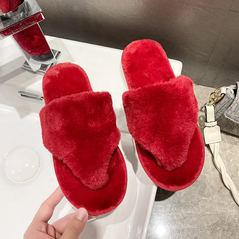 Cross-border clip-on Mao Mao cotton slippers women's 2023 autumn and winter New Home Fashion flat heel rabbit fur flip-flops for foreign trade