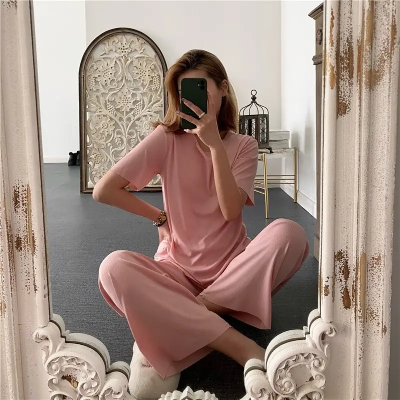 Women Loose Ice Silk Pajama Set Black Long Pants - Image 7