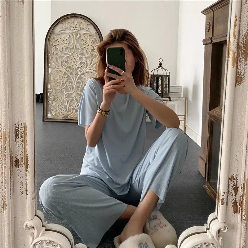 Women Loose Ice Silk Pajama Set Black Long Pants - Image 8