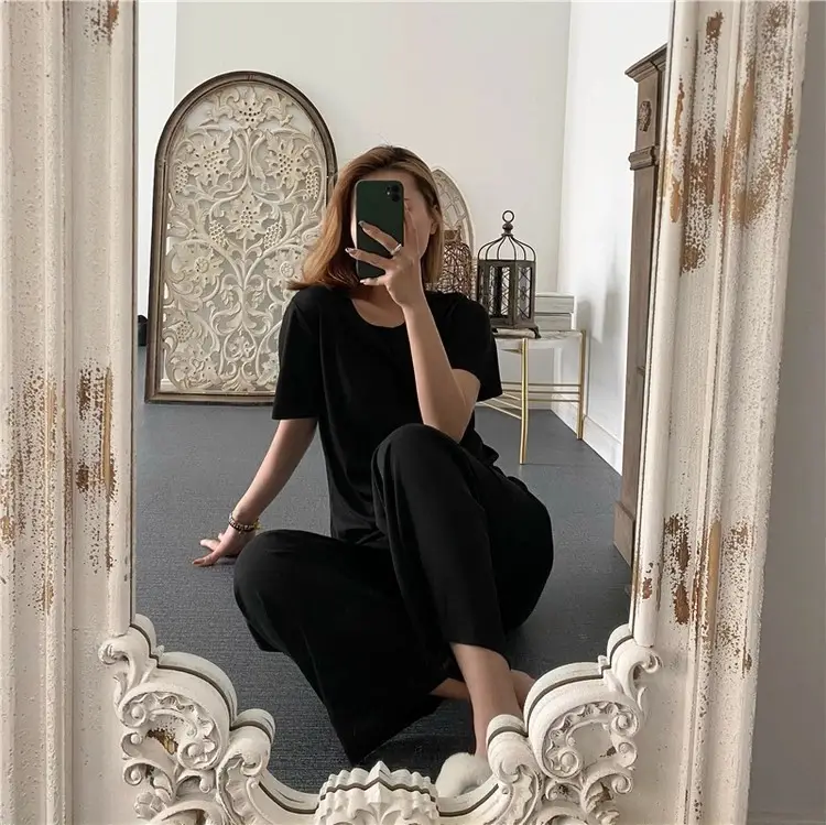 Women Loose Ice Silk Pajama Set Black Long Pants — feature 5