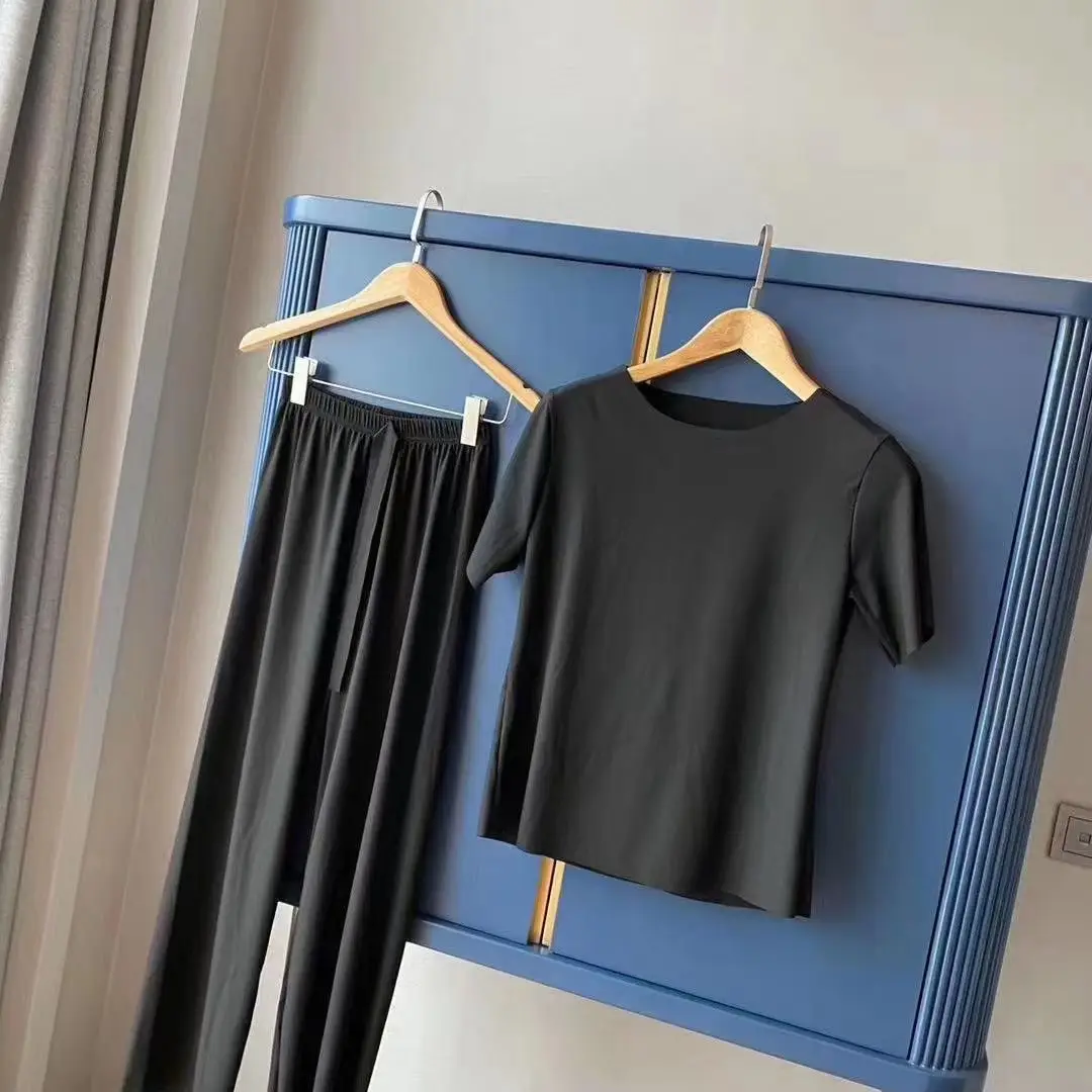 Women Loose Ice Silk Pajama Set Black Long Pants - Image 2