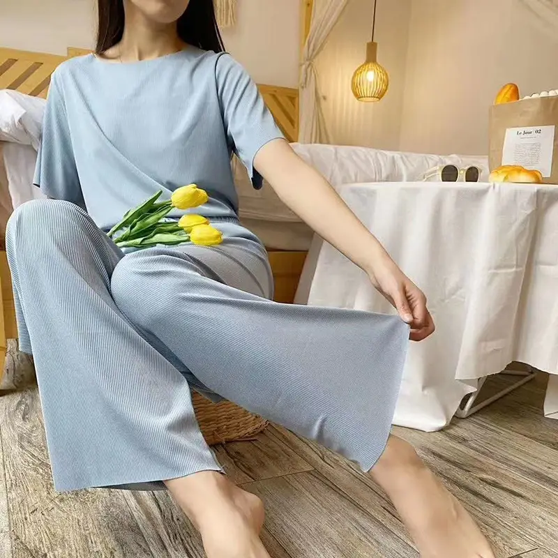 Women Loose Ice Silk Pajama Set Black Long Pants - Image 3