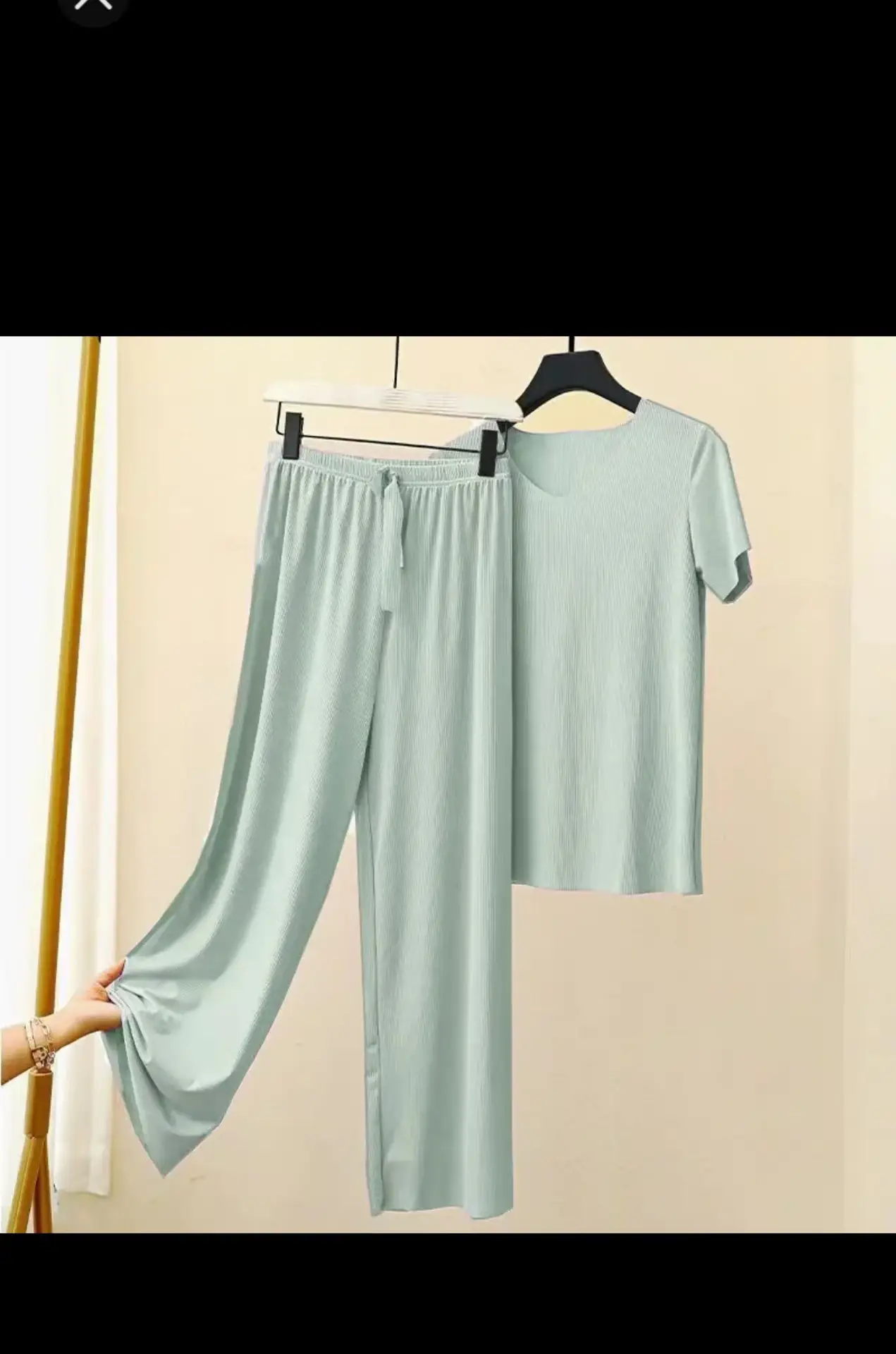 Women Loose Ice Silk Pajama Set Black Long Pants - Image 4