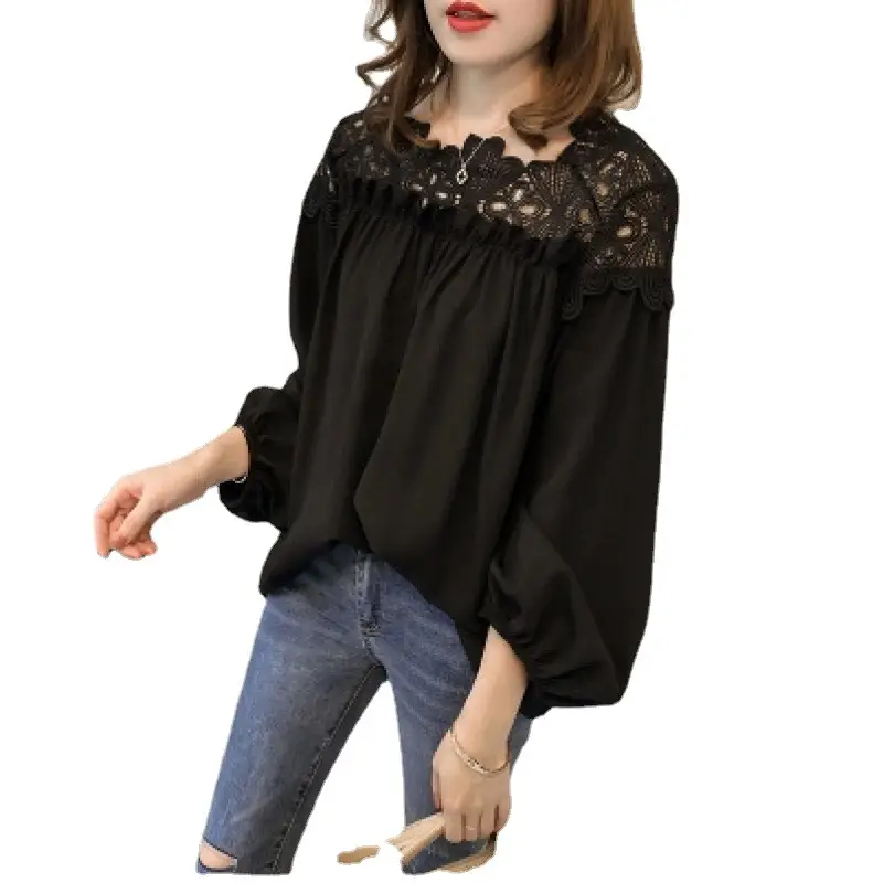 Black Chiffon Crochet Lace Top for Women
