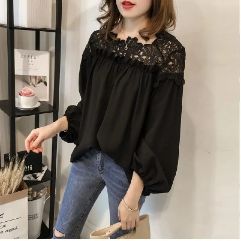 Black Chiffon Crochet Lace Top for Women