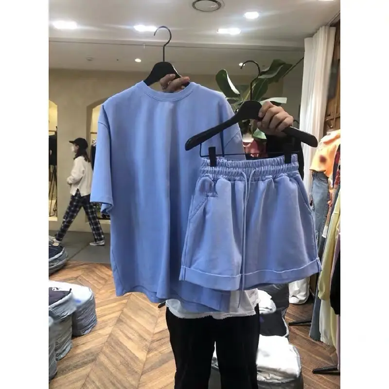 Women 2-piece White Korean Short Sleeve T-shirt Wide-leg Pants Set
