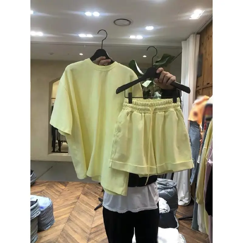 Women 2-piece White Korean Short Sleeve T-shirt Wide-leg Pants Set
