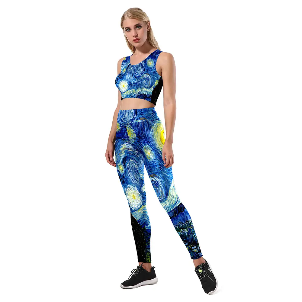 3D Van Gogh Printed Sports Bra Top Set Blue - Image 5