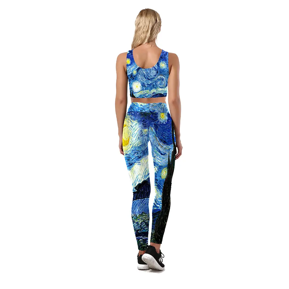 3D Van Gogh Printed Sports Bra Top Set Blue - Image 6