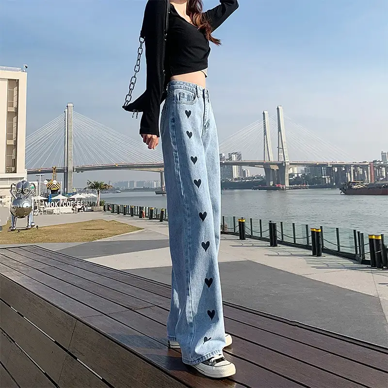 Love Embroidered Light Blue Wide Leg Jeans for Women