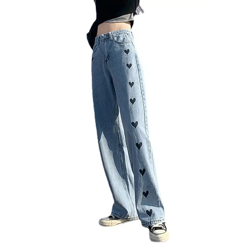 Love Embroidered Light Blue Wide Leg Jeans for Women