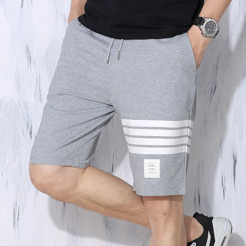 Men Grey Striped Cotton Shorts Large