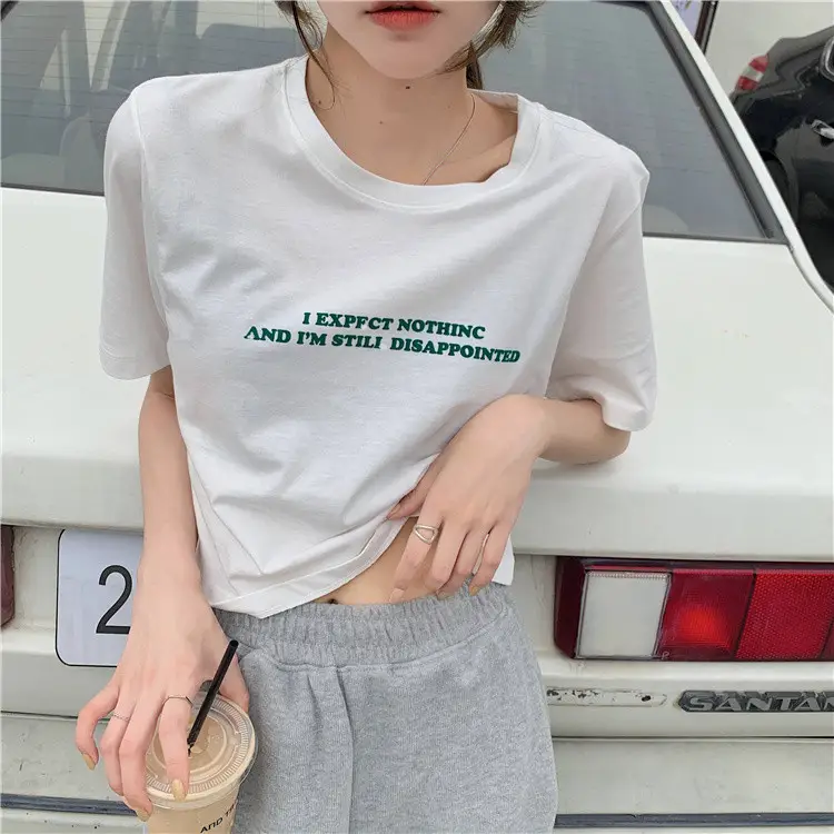 2025 Summer Women Loose Printed T-Shirt White Exposed Midriff - Image 4