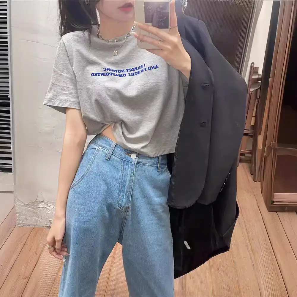 2025 Summer Women Loose Printed T-Shirt White Exposed Midriff - Image 6