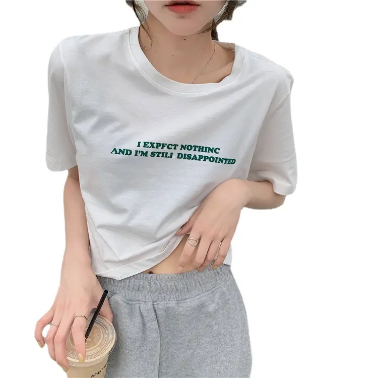 2025 Summer Women Loose Printed T-Shirt White Exposed Midriff - Image 7