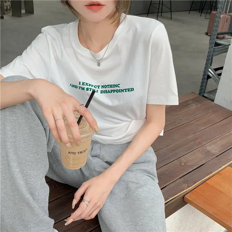 2025 Summer Women Loose Printed T-Shirt White Exposed Midriff — feature 10