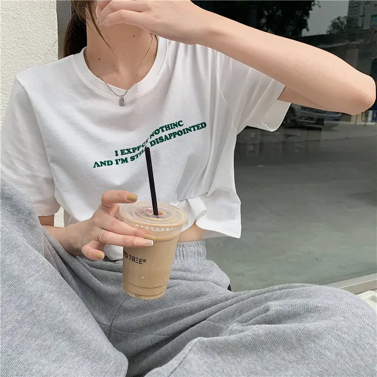2025 Summer Women Loose Printed T-Shirt White Exposed Midriff — feature 11