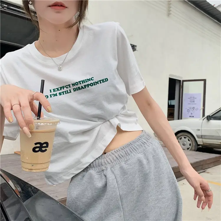 2025 Summer Women Loose Printed T-Shirt White Exposed Midriff — feature 12