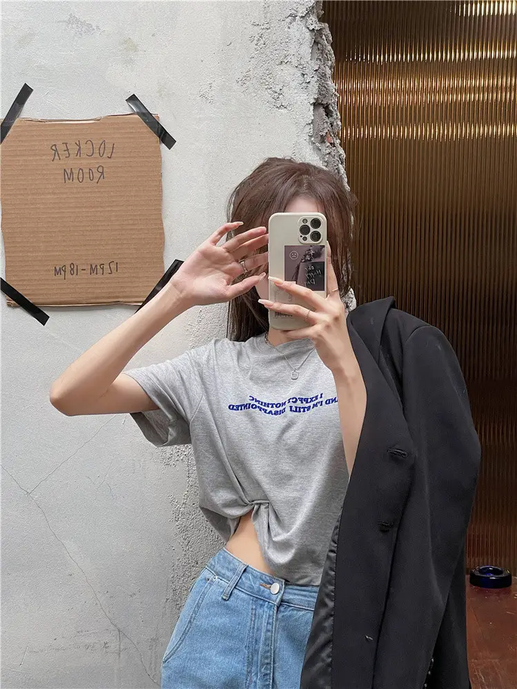 2025 Summer Women Loose Printed T-Shirt White Exposed Midriff — feature 16