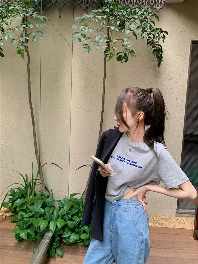 2025 Summer Women Loose Printed T-Shirt White Exposed Midriff — feature 18