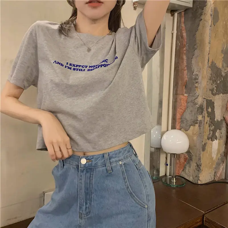 2025 Summer Women Loose Printed T-Shirt White Exposed Midriff — feature 2