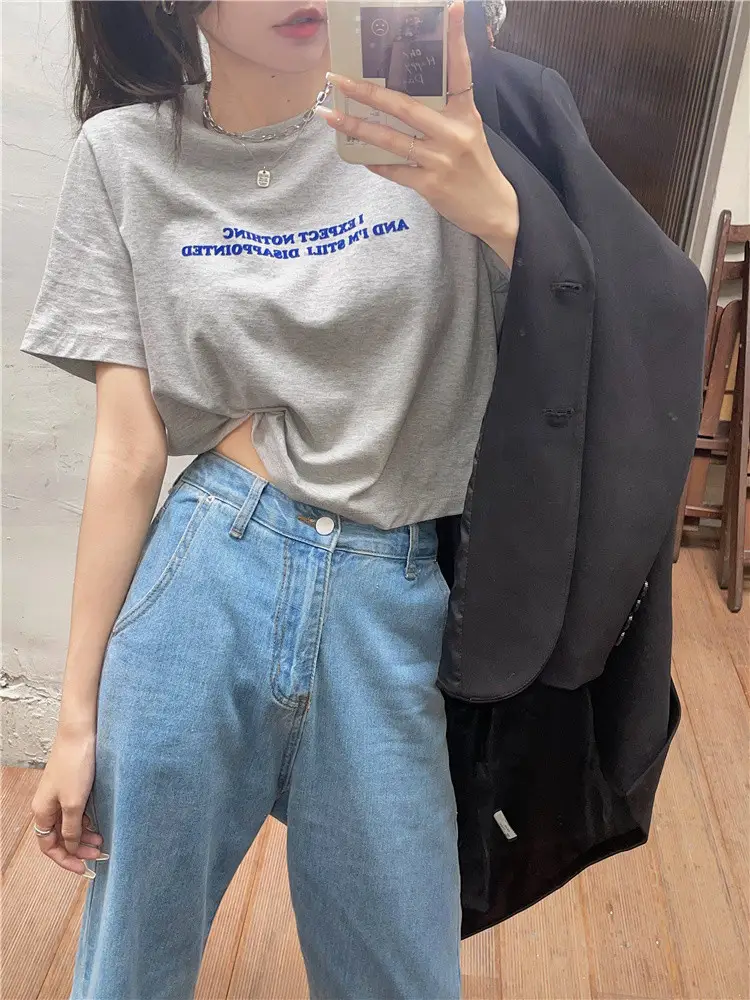 2025 Summer Women Loose Printed T-Shirt White Exposed Midriff — feature 24