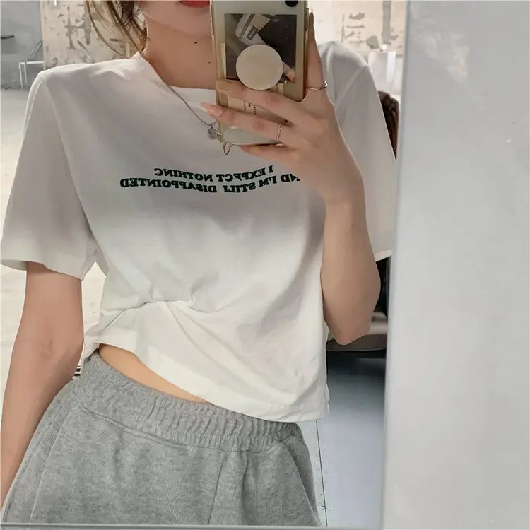 2025 Summer Women Loose Printed T-Shirt White Exposed Midriff — feature 9