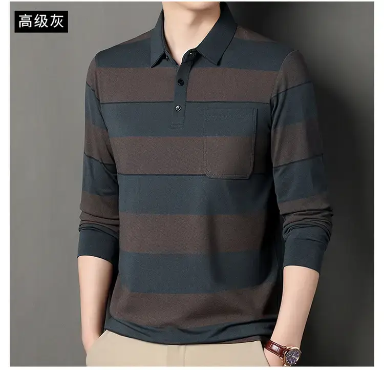 Men's Striped Polo T-Shirt Long Sleeve Casual Wear — feature 15
