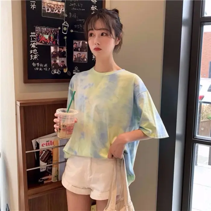 2021 Korean Style Tie-Dye T-Shirt Top Bottoming Set - Image 3