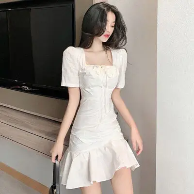 White French Style Pleated Ruffled Dress with Fishtail Skirt - Image 3