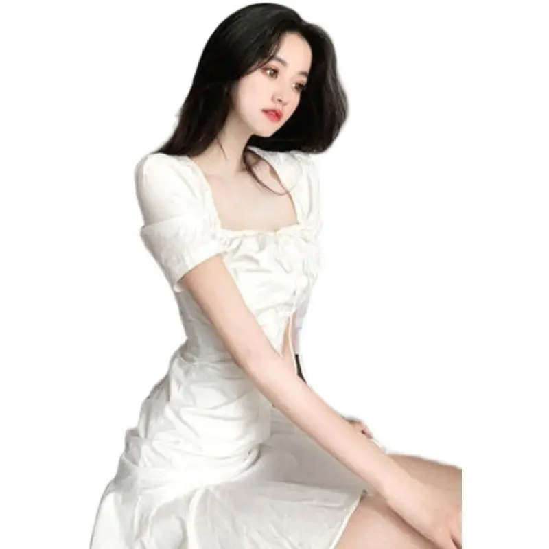 White French Style Pleated Ruffled Dress with Fishtail Skirt - Image 5