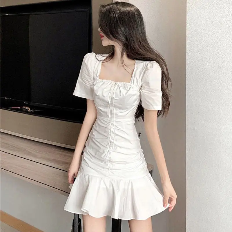 White French Style Pleated Ruffled Dress with Fishtail Skirt — feature 2