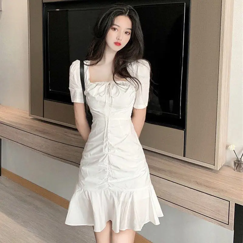 White French Style Pleated Ruffled Dress with Fishtail Skirt — feature 3