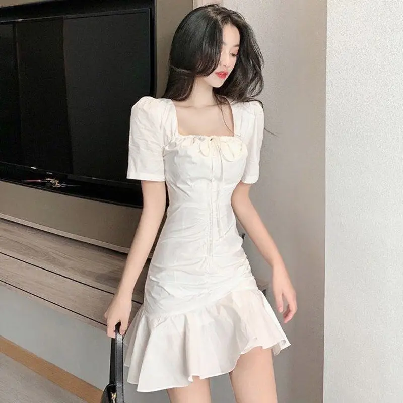 White French Style Pleated Ruffled Dress with Fishtail Skirt — feature 4