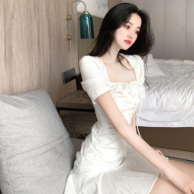 White French Style Pleated Ruffled Dress with Fishtail Skirt — feature 5