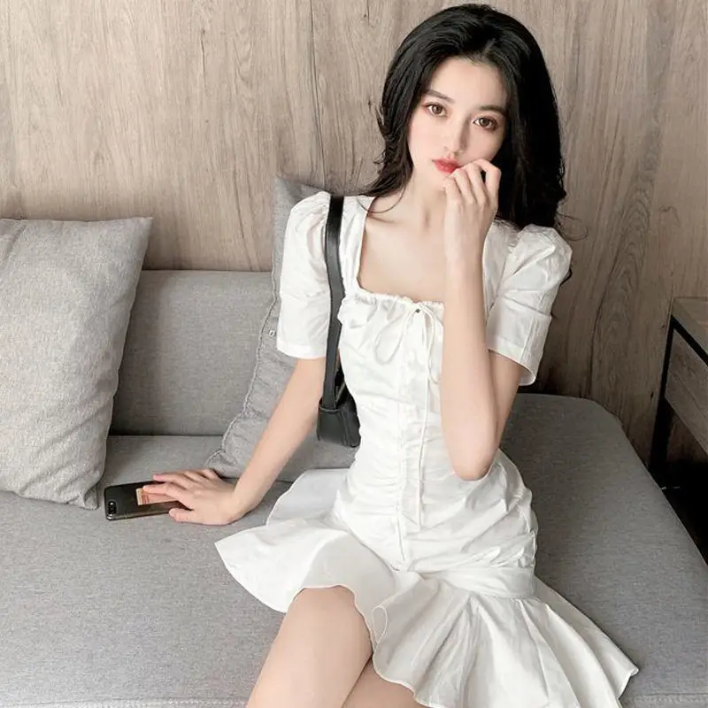 White French Style Pleated Ruffled Dress with Fishtail Skirt — feature 6