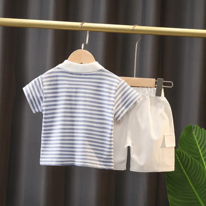 Kids Boys Cotton Striped T-Shirt Set Blue White - Image 2