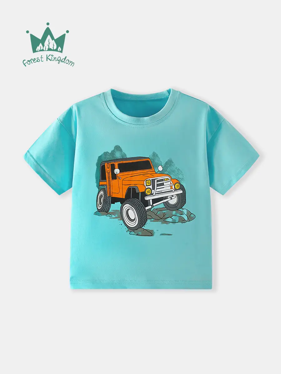 Boys Cotton Cartoon T-Shirt Turquoise Short Sleeve