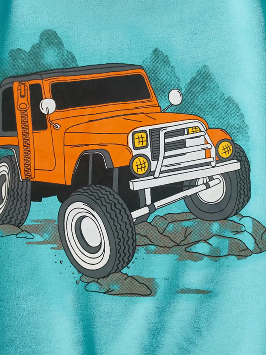 Boys Cotton Cartoon T-Shirt Turquoise Short Sleeve