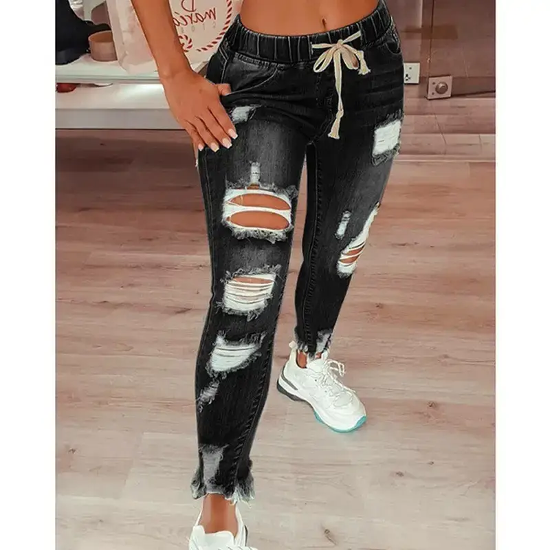 Women Ripped Jeans Pants Elastic Waistband 2025 - Image 2
