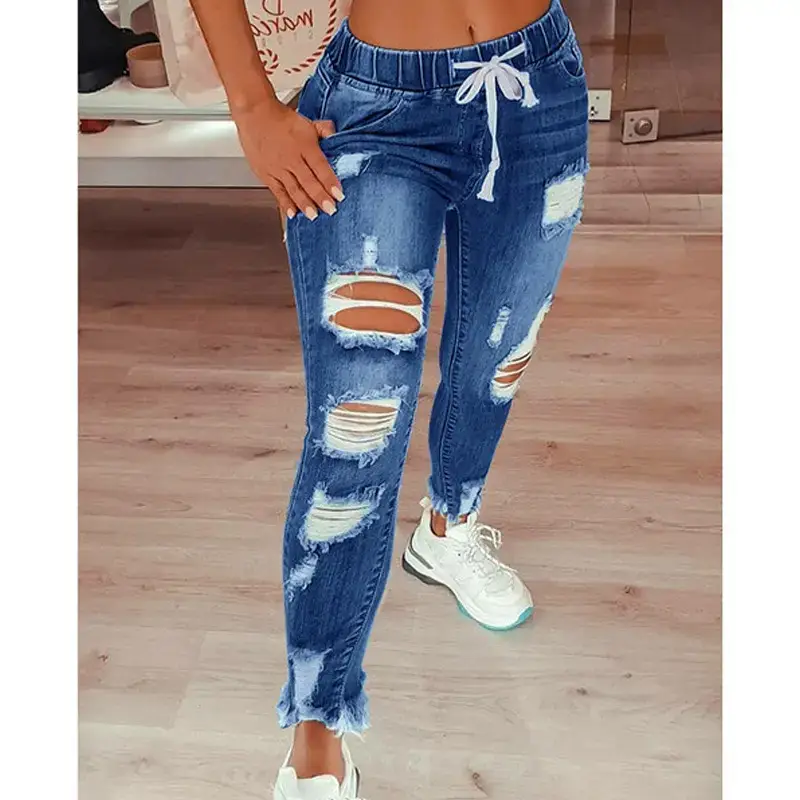 Women Ripped Jeans Pants Elastic Waistband 2025 - Image 3