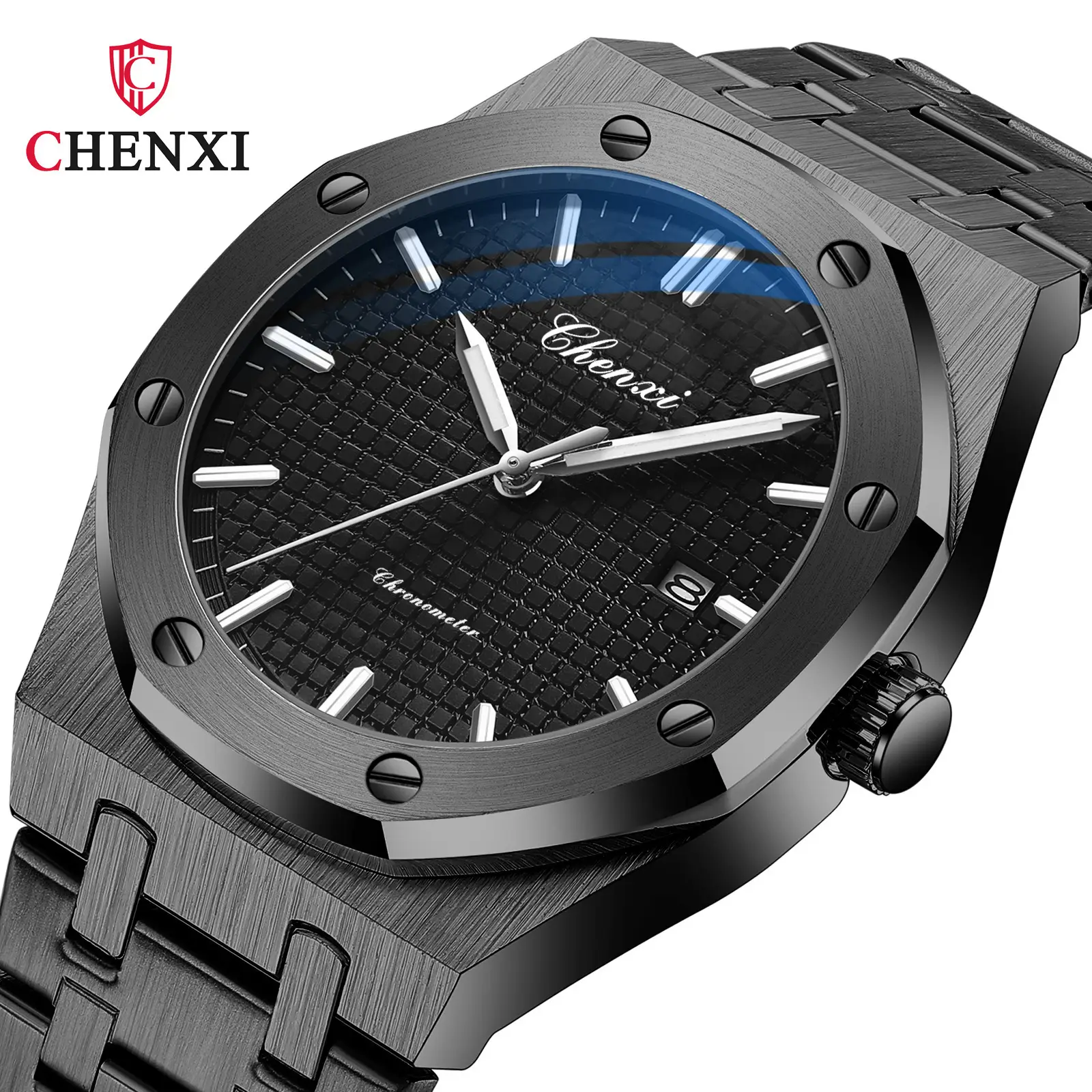 Men's Black Steel Watch with Luminous Dial - Image 8