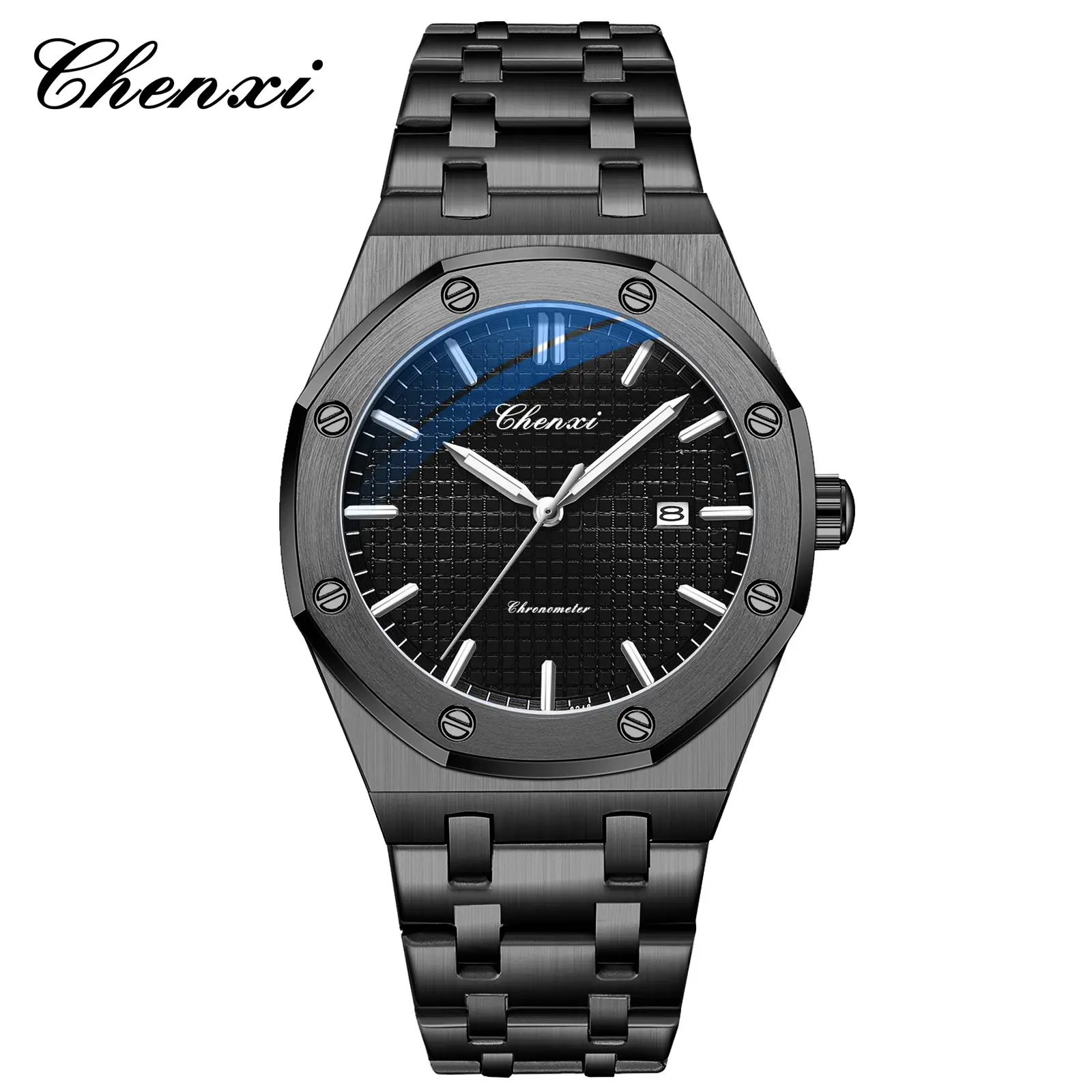 Men's Black Steel Watch with Luminous Dial - Image 4