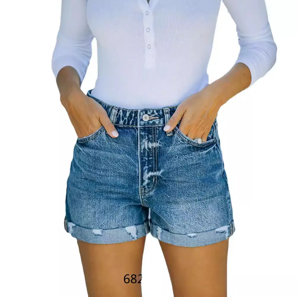 2021 New Blue Denim Wash Mid Waist Shorts for Women